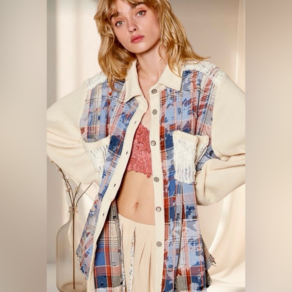 POL Plaid Crochet Patch Shirt Jacket Shacket | Cream Multi - Picture 5 of 8